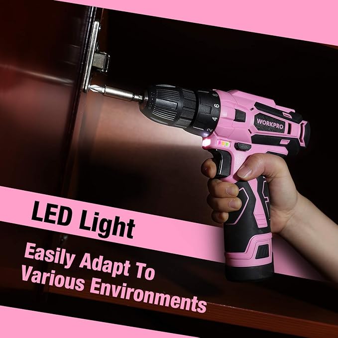 WORKPRO 12V Pink Cordless Drill Driver and Home Tool Kit, Hand Tool Set for DIY, Home Maintenance, 14-inch Storage Bag Included - Pink Ribbon