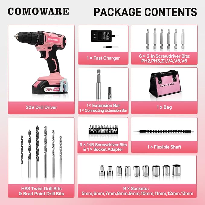 COMOWARE Cordless Drill Set, 20V Pink Power Drill Set for Women, 1 Battery & Charger, 3/8" Keyless Chuck, 2 Variable Speed, 266 In-lb Torque, 25+1 Position, with Pink Storage Bag
