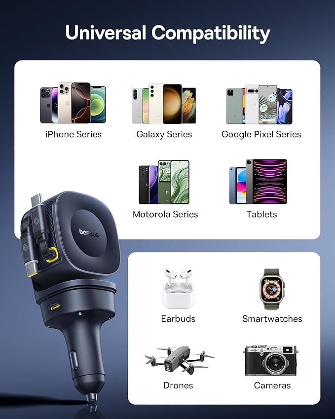 Baseus 163W Retractable Car Charger USB C Fast Charging, PrimeTrip VR2 Max 4 in 1 Fast Car Charger with Dual Retractable USB C Cable for iPhone 16 15 14 Pro Max, Samsung Galaxy S25 Ultra, Android