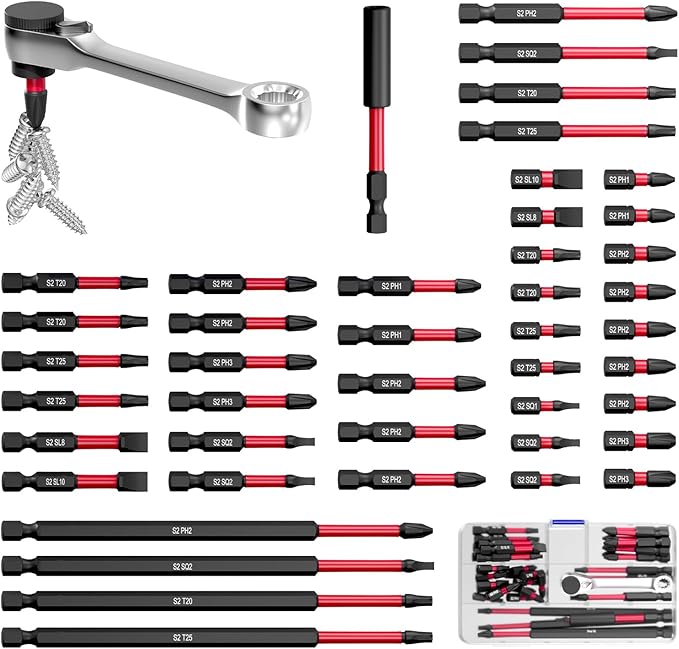 46Pcs Magnetic Drill Bit Set, S2 Steel Screwdriver Impact Bits Kit with 1Pc Magnetic Bit Holder & Mini Ratchet Wrench, Used for Power Screwdrivers and Electric Drill Drivers