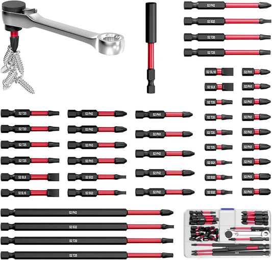 46Pcs Magnetic Drill Bit Set, S2 Steel Screwdriver Impact Bits Kit with 1Pc Magnetic Bit Holder & Mini Ratchet Wrench, Used for Power Screwdrivers and Electric Drill Drivers