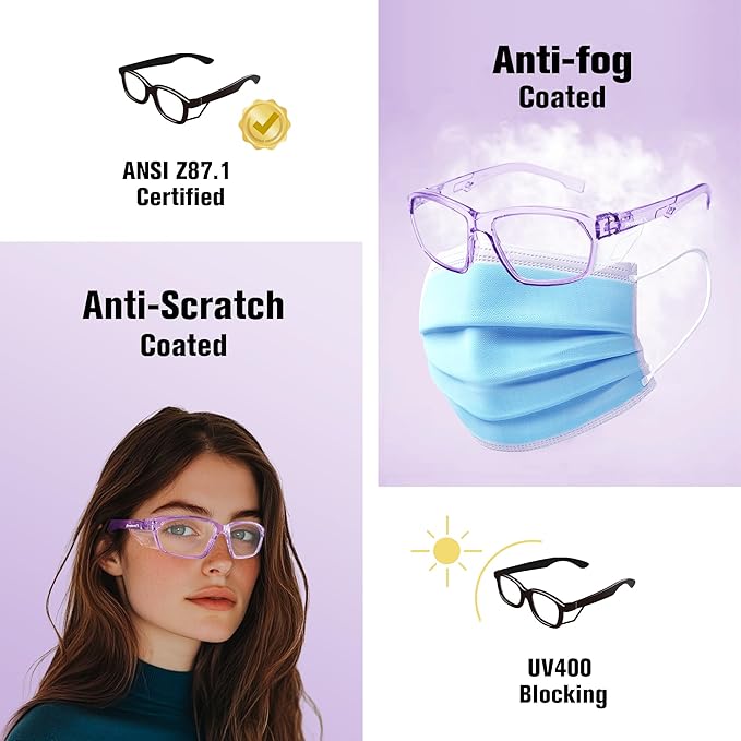 ProtectX Stylish Anti-Fog & Scratch-Resistant Safety Glasses, UV Protection Goggles, Anti-Impact Lightweight Glasses for Men＆Women Lilac Clear