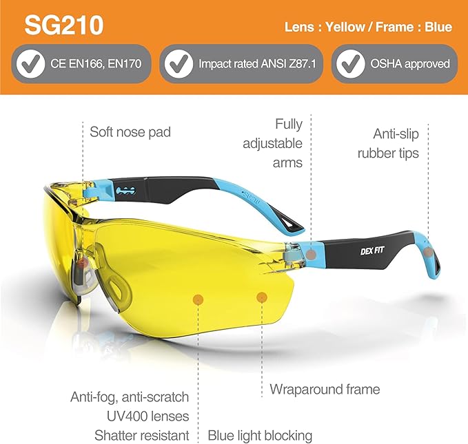 DEX FIT Safety Glasses SG210, Z87 Eye Protection, Anti-Fog & Scratch Resistant, Adjustable for Women and Men, Blue Light Blocking & UV Protection (Black & Blue Frame, Yellow Lens)