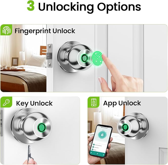 GHome Smart Fingerprint Door Lock, 3 in 1 Smart Fingerprint Door Knob with App Control & Key, Auto Lock, Biometric Door Knobs with Lock for Bedroom, Garage, Home & Office