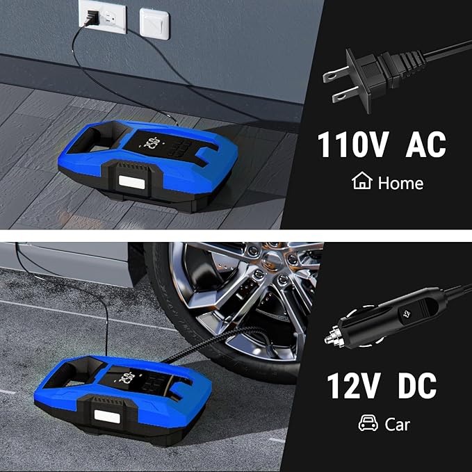 CARSUN AC/DC Tire Inflator Portable Air Compressor, Dual Power for Home 110V AC and Car 12V DC Air Pump with Pressure Gauge, Auto Shutoff, Tire Pump for Car Motorcycle Bike and Other Inflatables, Blue