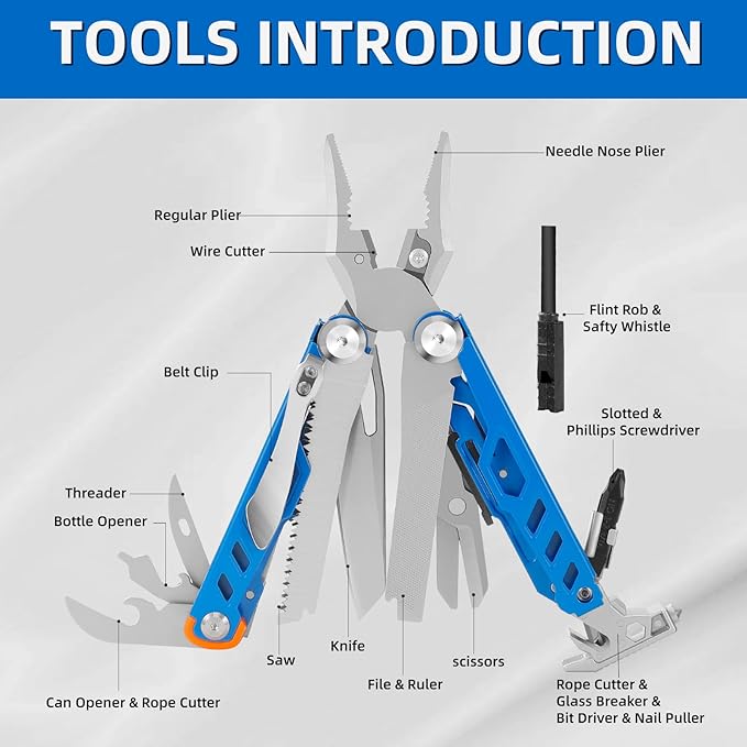 HANSHI Multitool Pliers, 22-in-1 YG10 Tungsten Steel Multi Tool with Scissors,Replaceable Wire Cutters, Flint, Window Breaker, Back Clip,Ideal for Camping, Survival and Gift(Blue)