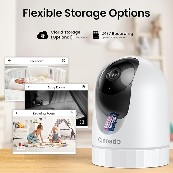 2K Indoor Security Camera-Baby Monitor with 2.4G WiFi Camera and Audio, Siren/Night Vision for Home/Pet/Nanny/Cat, 24/7 SD Card Storage, Cloud (Optional), Compatible with Alexa & Google Home, D1 2P