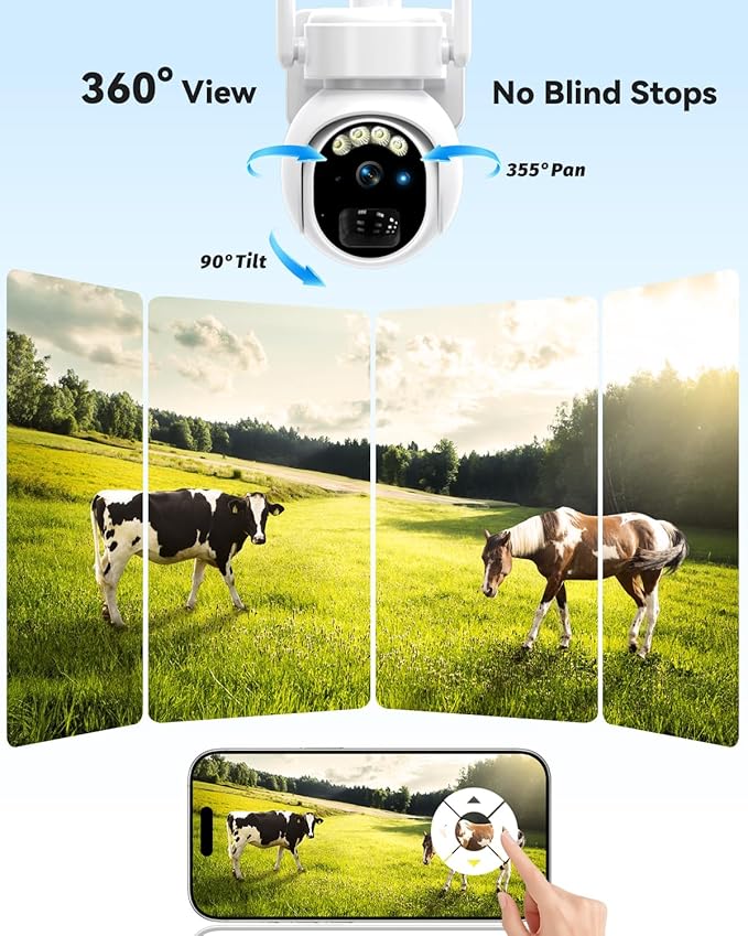 Solar Security Cameras Wireless Outdoor - 4G LTE Battery Powered Cameras for Home Security, 360°View PTZ, IP66 Waterproof, 2K HD Color Night Vision, Human Tracking, 2-Way Audio, SD/Cloud Storage