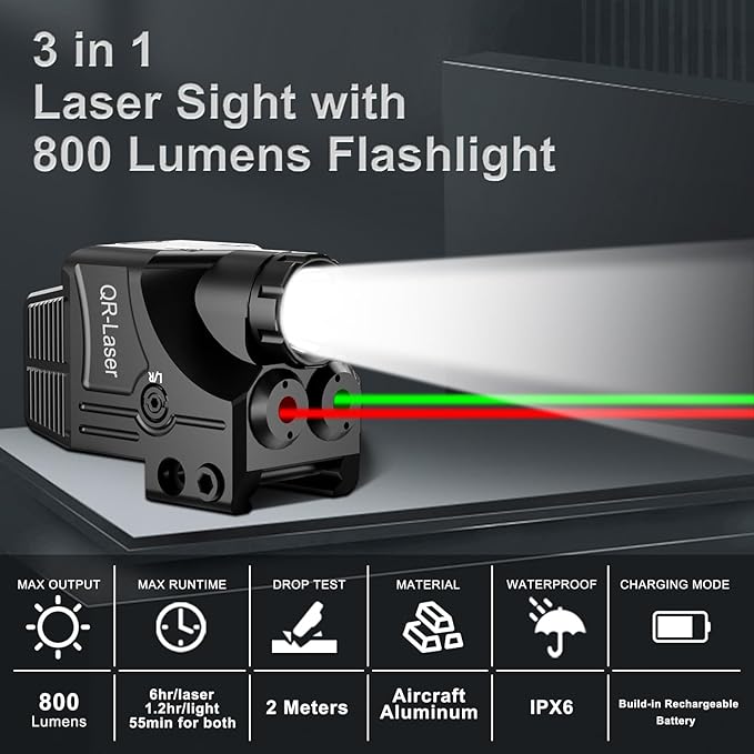 Red Green Purple Blue Laser Light Combo, 800 Lumens Tactical Flashlight Laser Sight, Built-in USB Rechargeable Battery, Adjustable Compact Tactical LED Light Laser Beams for Handguns with a Rail