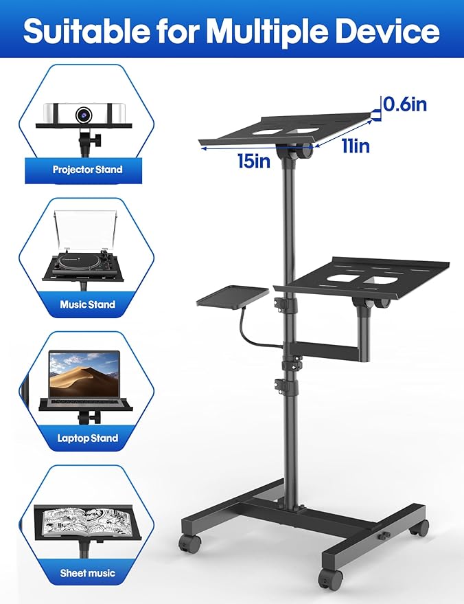 Projector and Laptop Stand Tripod, 2 Shelves Mobile Laptop Tripod Stand, Max 47" Height Adjustable Laptop Cart on Wheels, Projector Floor Stand with Ventilated Tray for Podium, Meeting, Couch