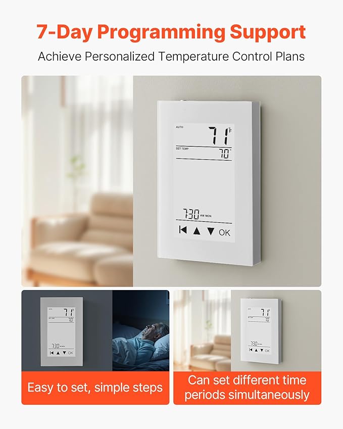 VEVOR 7-Day Programmable Thermostat, Home Thermostats for Radiant Underfloor Heating Cable, Heat Pump, with GFCI & Sensitive Sensor, LCD Touchscreen, Energy-Efficient, Gray-White (Without WiFi)