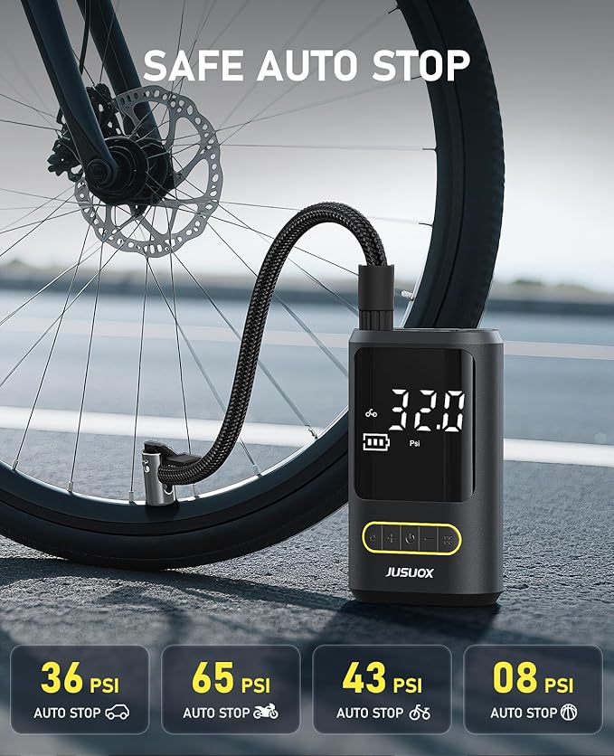 Tire Inflator Portable Air Compressor, Electric Bike Pump with Digital Pressure Gauge, 150 PSI Cordless Air Pump for Car Tires, Motorcycle, Bicycle, Ball with Auto Shutoff, LED Light