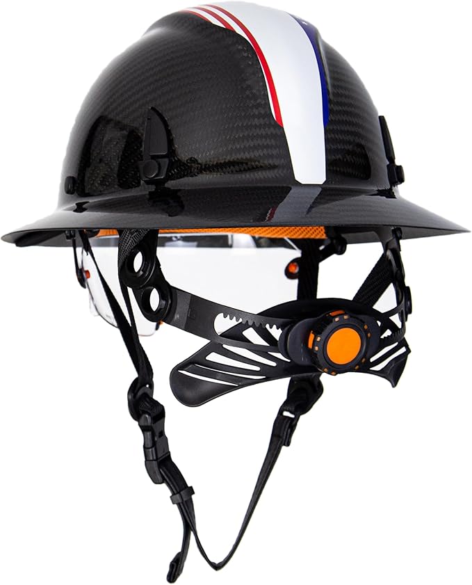 Carbon Fiber Full Brim Hard Hat Safety Helmet with Goggles and Leather Chin Strap 6-Point Suspension Adjustable Knob with Neck Protection