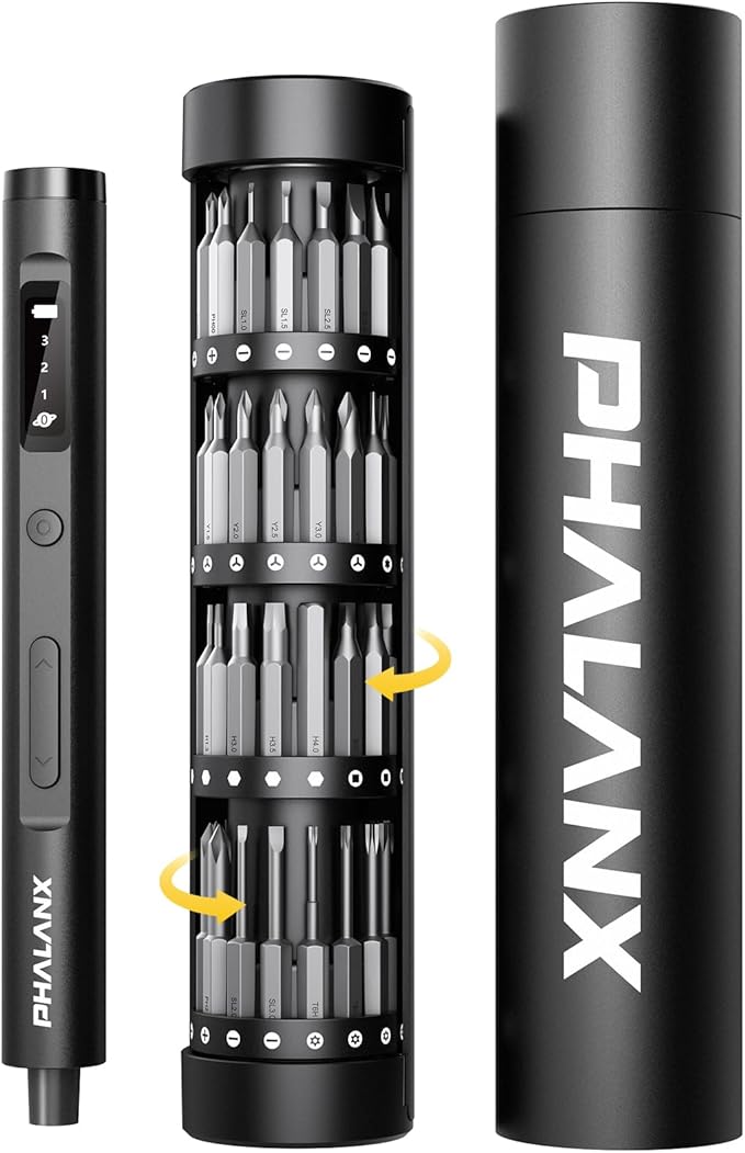 PHALANX Mini 3.7V Electric Screwdriver - Precision Screwdriver Set with 60-in-1 Magnetic Bits, Magnetic Rotatable Rack, 5/32''Hex, Electric Screw Driver Cordless for Phone, Camera, Laptop, Watch Black