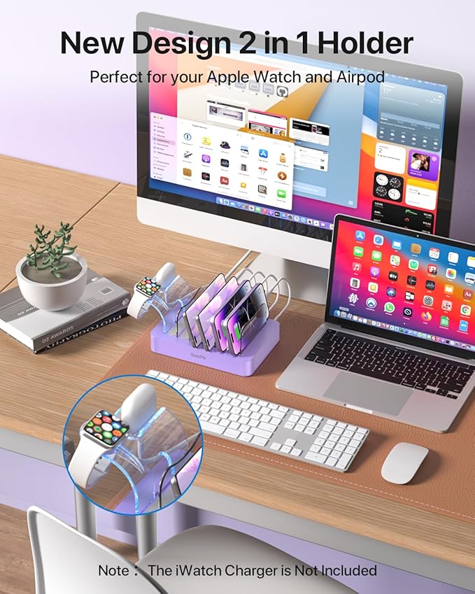 SooPii Premium 6-Port USB Charging Station Organizer for Multiple Devices, 6 Short Charging Cables and One Upgraded i-Watch Charger Holder Included, for Phones,Tablets and Other Electronics, Purple