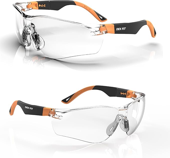 DEX FIT Safety Glasses SG210, Z87 Eye Protection, Anti-Fog & Scratch Resistant, Adjustable for Women and Men, UV Protection (Black & Orange Frame, Clear Lens)