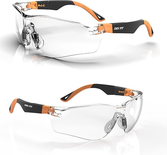 DEX FIT Safety Glasses SG210, Z87 Eye Protection, Anti-Fog & Scratch Resistant, Adjustable for Women and Men, UV Protection (Black & Orange Frame, Clear Lens)