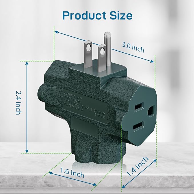K KASONIC - 3-Outlet Grounding Adapter, [UL Listed] Plug Extender, Heavy-Duty Grounded Power Tap - 3 Pack (Green)