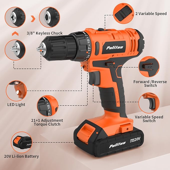 PULITUO 20V Cordless Drill/Driver, 2 Batteries Electric Screwdriver, 30Nm Power Drill Driver, 21+1 Torque, 2 Speed, 3/8"Keyless Chuck, power Drill with LED Light, Drill Driver Kit for Home (Orange)