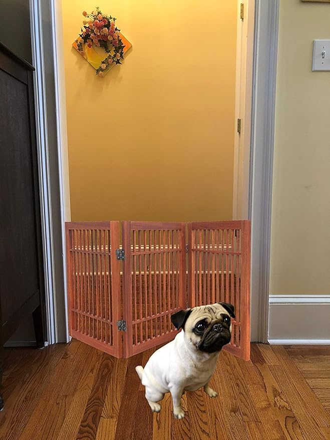 Pet Dog Gate Strong and Durable Freestanding Folding Acacia Hardwood Portable Wooden Fence Indoors or Outdoors by Urnporium (Brown Pet Gate, 3 Panel 24" Tall)
