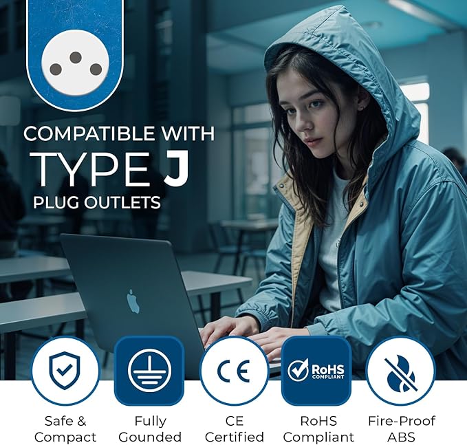 OREI Switzerland Power Plug Adapter with 2 USA Inputs - Travel 3 Pack - Type J (US-11A) Safe Grounded Use with Cell Phones, Laptop, Camera Chargers, CPAP, and More