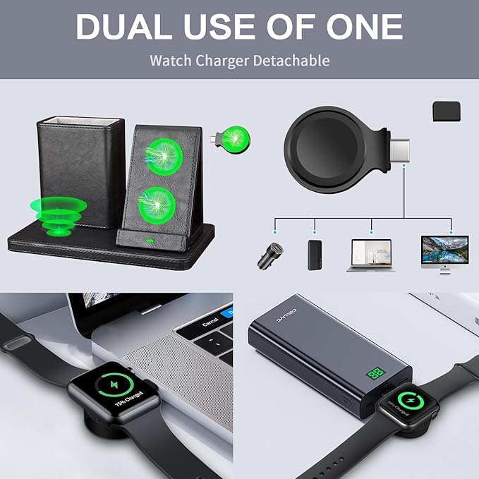 White Leather Pen Holder Desk Organizer with 3-in-1 Wireless Charger for Phone, Earbuds, Watch - Desktop Phone Stand,Birthday Gifts for Women,mom Gifts (Black)