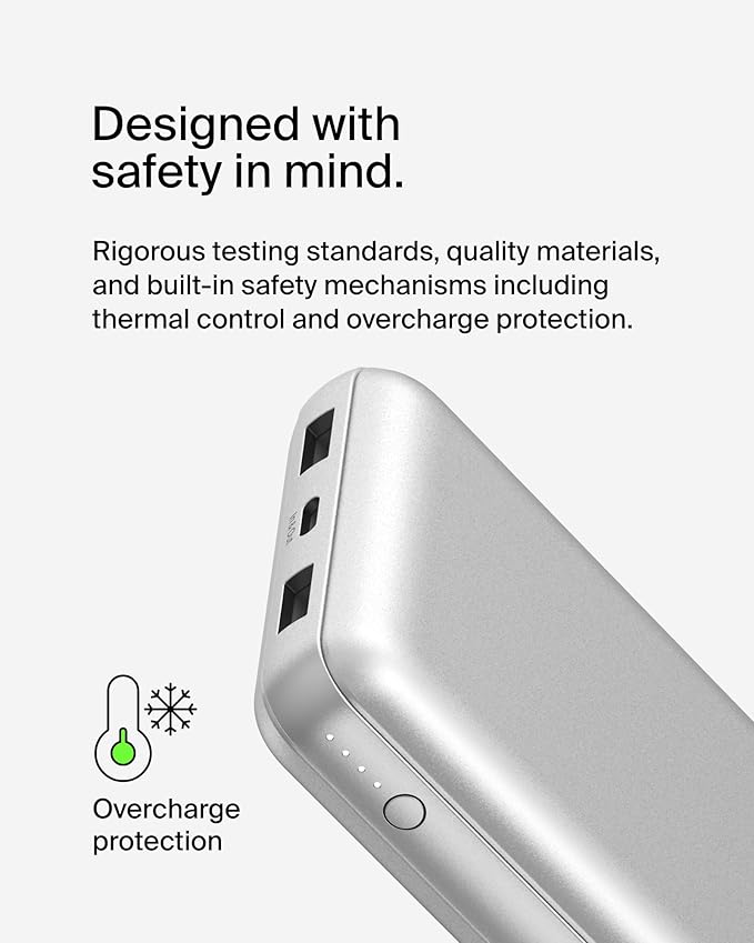 Belkin Portable Charger, USB-C Power Bank 20000 mAh w/ 1xUSB-C Port & 2xUSB-A Ports, 15W w/Type-C to Type-A Cable for iPhone 17, Samsung Galaxy S25, Nintendo Switch 2, Google Pixel 10, etc. - Silver