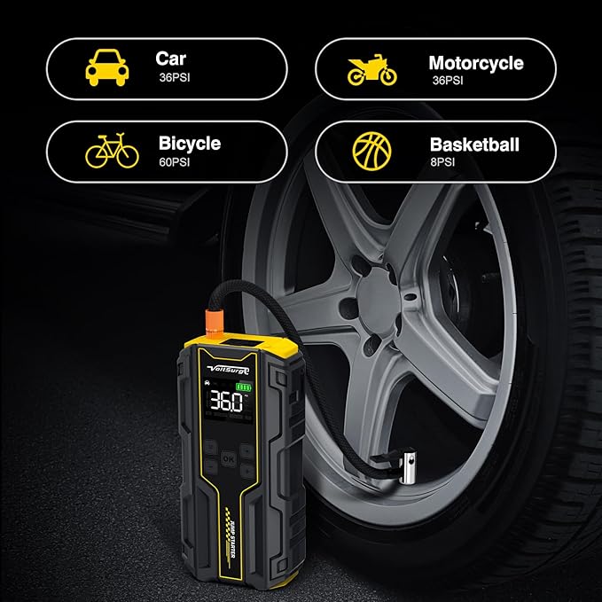 Car Jump Starter with Air Compressor, VoltSurge 6000A Peak 12V Battery Jumper Starter Portable Booster Pack, 150PSI Safe Jump Box with LED Light(Up to 10L Gas/8L Diesel Engine)