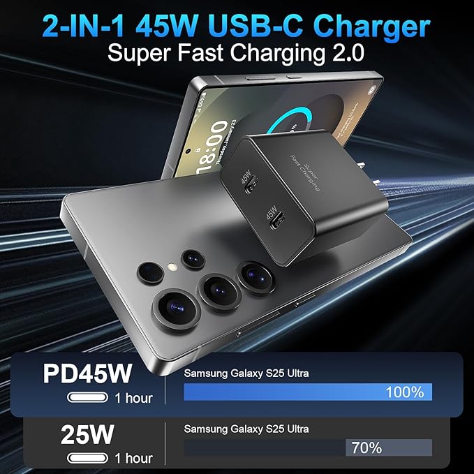 45W Super Fast USB C Charger for Samsung Galaxy S25 Ultra/S25+/S25/S24/S23 Ultra/S23+/S22 Ultra/S22+/S20 Ultra, 2-Port 45 Watt Type C Fast Charger Block with 10FT USB C Cable Cord for Android Phone