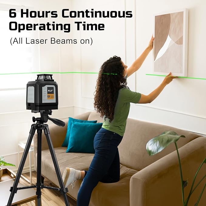 MJF 360° Laser Level with Tripod, Green Self Leveling Cross Line Laser Tool with 4 Brightness Adjustment for Floor Tile Wall Construction, L-Bracket, Batteries & Carry Bag Included