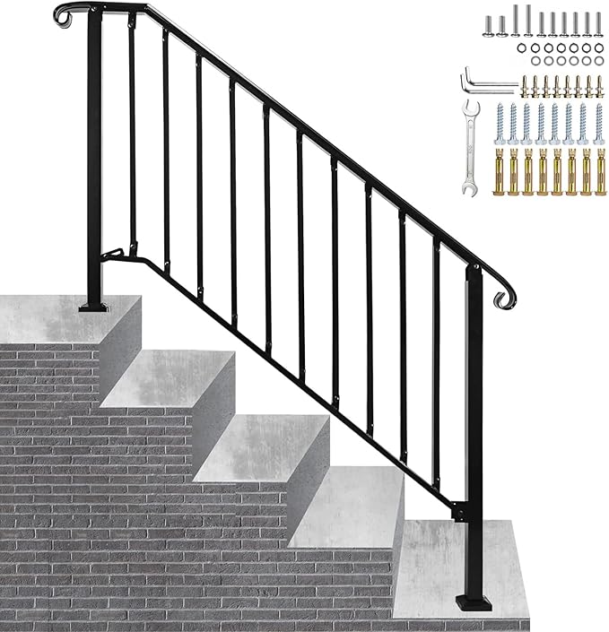 Adjustable Handrails for Outdoor Steps, Handrail Picket #4 Fits 4 or 5 Steps, Mattle Wrought Iron Handrail, Stair Rail with Installation Kit for Outdoor Steps