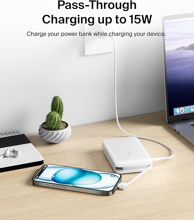 Belkin Portable Charger, Power Bank with Integrated Cable 10000 mAh 20W - Fast Charge USB C Power Delivery, iPhone Charger - iPhone 16 Series, iPad Pro, Galaxy S25, & More - White