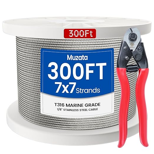 Muzata 300 ft 1/8" Stainless Steel Cable Railing System Hardware T316 Stainless Steel Wire Rope 7x7 1800 lb Breaking Strength Deck Cable Railing Kit with Wire Cutter for Indoor Outdoor Coastal WR02
