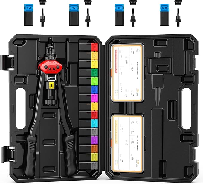 16" Rivet Nut Gun with Stroke Adjustment - 15 Metric and SAE Mandrels (M3-M12 & to 1/2") + 4 Pieces #10-24 Mandrels - 200 Threaded Nuts (100 Each) in Storage Boxes - Portable Blow Molded Case