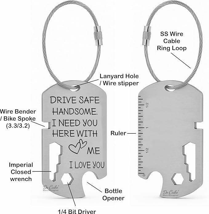 Drive Safe Handsome Keychain Multi Tool | 6-in-1 Stainless Steel EDC Gift for Him | Wrench, Ruler, Bit Driver, Bottle Opener, Wire Stripper & Bender