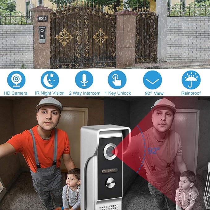 Video Intercom System, 7 Inches Monitor Wired Video Door Phone Doorbell Kits, Indoor Outdoor IR Camera Support Unlock, Monitoring, Dual-Way Intercom for Villa House Office Apartment