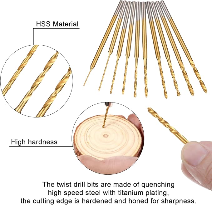 Mini Twist Drill Bit Set, 10Pcs Micro Engraving Drill Bits, 0.6mm-2.2mm, HSS 2.35mm Shank Titanium Coated Tiny Drill Bit Hole Drilling Tool for DIY Resin, Jewelry, Amber, Circuit Board, Walnut