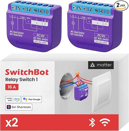 SwitchBot Smart Relay Switch 1(2pack),Smart Relay Module with Built-in Bluetooth Repeater, Wi-Fi&Bluetooth Switch Works with Alexa/AppleHome/Google Home/Matter Hub Required, 2.4GHz, Home Automation