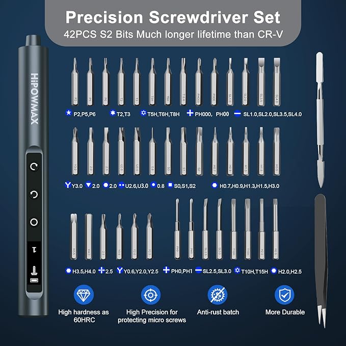 Mini Electric Screwdriver Set, 49-in-1 Electric Precision Screwdriver Cordless, 5 Torque Settings, LED Lights, Pry Bar, Tweezer, Repair Tool Kit for Computer PC Phone Camera Watch