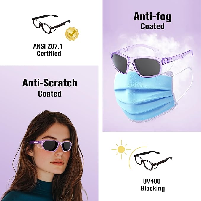ProtectX Stylish Anti-Fog & Scratch-Resistant Safety Glasses With Readers, UV Protection Goggles, Anti-Impact Lightweight Glasses for Men＆Women Lilac Tinted Smoke - 6 Pack