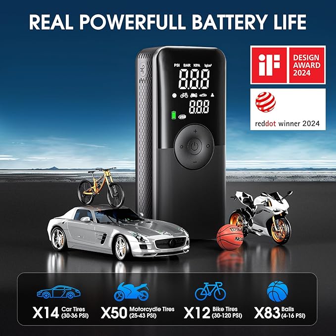 CARSUN Cordless Tire Inflator Portable Air Compressor,Car Tire Pump with Digital Dual Screen,150PSI Portable Air Pump for Car Tires with Deflation&Pressure Gauge,Suitable for Car,Motorcycles,Bicycles