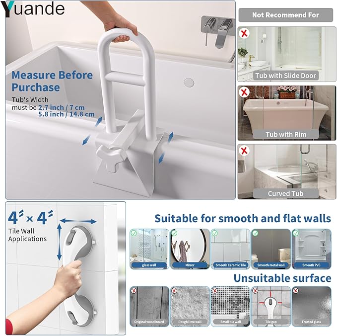 Adjustable Bathtub Safety Rail with Showers Suction Handle,YuanDe 17x6 Inch Stainless Steel Tub Handle Grab Bar, Heavy Duty Bath Handles Clamp for Elderly Seniors Injury Disabled (300 LBS), White