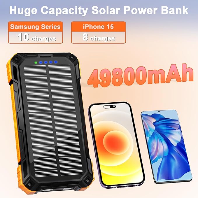 WONGKUO Solar Charger Power Bank - 49800mAh Solar Phone Charger with USB-C in/Output, QC 3.0 Fast Charging with LED Flashlight, Portable Power Bank Built-in 4 Cables, IP65 Waterproof Fits for Outdoor