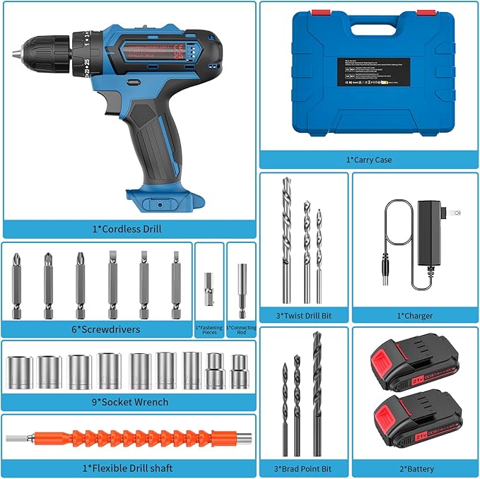 Cordless Power Drill Set with Battery and Charger, 25+3 Mini Drill 21V Electric Drill Cordless Hammer Impact Drill Set with 3/8 Inch Keyless Chuck with 2 Batteries