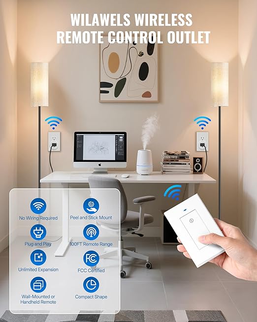 Remote Control Outlet Wireless Light Switch, Expandable and Removable Remote Outlet Switch Kit for Lamps, Fan, Home Appliance, 100ft RF Range, FCC Listed (1 Controller + 2 Outlets) W05RC1206