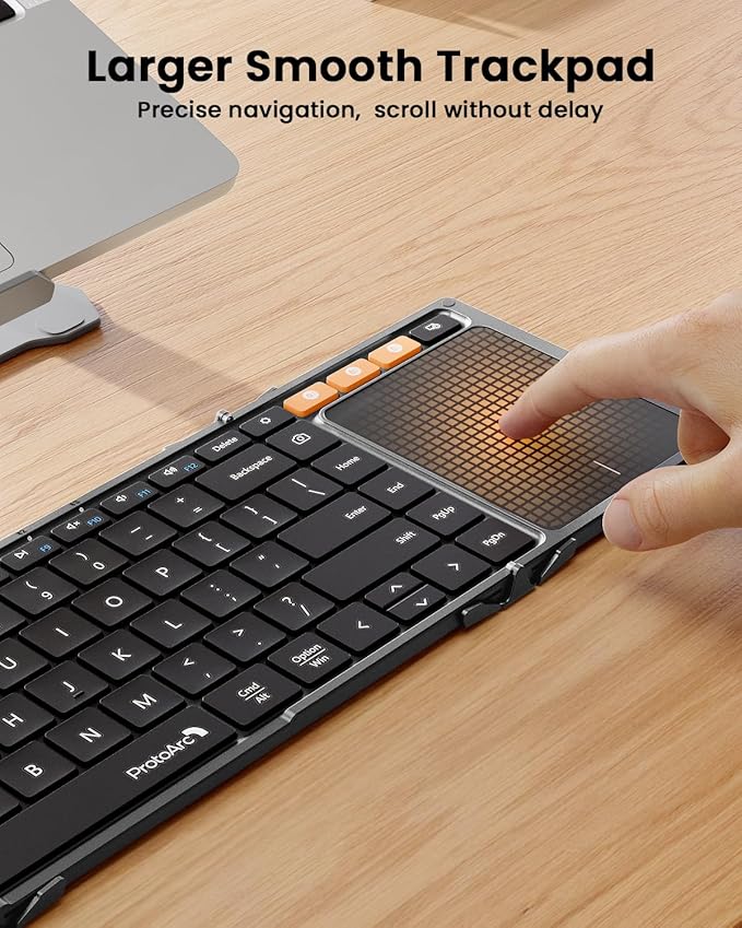 ProtoArc Foldable Keyboard with Touchpad, XK01 TP Folding Portable Keyboard, Full Size Keys, Large Trackpad Bluetooth Travel Keyboards for iPad Laptop PC Tablets - Black Gray