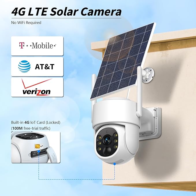 4G LTE Cellular Solar Security Camera, No WiFi Solar Powered Security Camera Outdoor, 360° Live View, 2K Color Night Vision, PIR Motion Detection, 2 Way Talk, Built in SIM Card