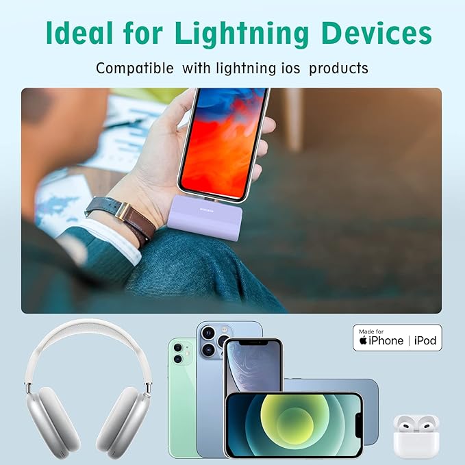 KKD Portable Charger for iPhone, Built-in MFi Certified Plug, 5000mAh Small Portable Phone Charger Power Bank for iPhone 14/13/12/11/XR/X/SE/8/7/6/6s/Pro Max/Plus,iPad,Purple