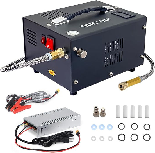 Pcp air compressor 4500PSI Portable PCP Compressor, 12V DC/110V AC PCP Airgun Compressor Manual-stop, w/External Power Adapter, Built-in Fan, Suitable for Paintball, Air Rifle, Scuba Bottle