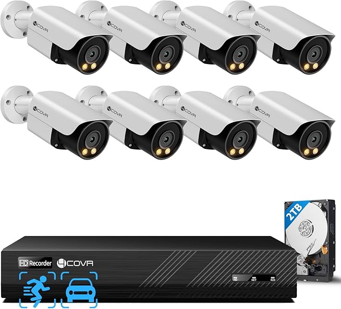 4COVR 8 Channel Security Camera System, 2 Way Audio Talk & Smart Color Night Vision, 8X 5MP IP Bullet Camera PoE IP67 Human Vehicle Detection, 4K 8CH NVR 2TB HDD 24/7 Recording, LY37YX5M0808